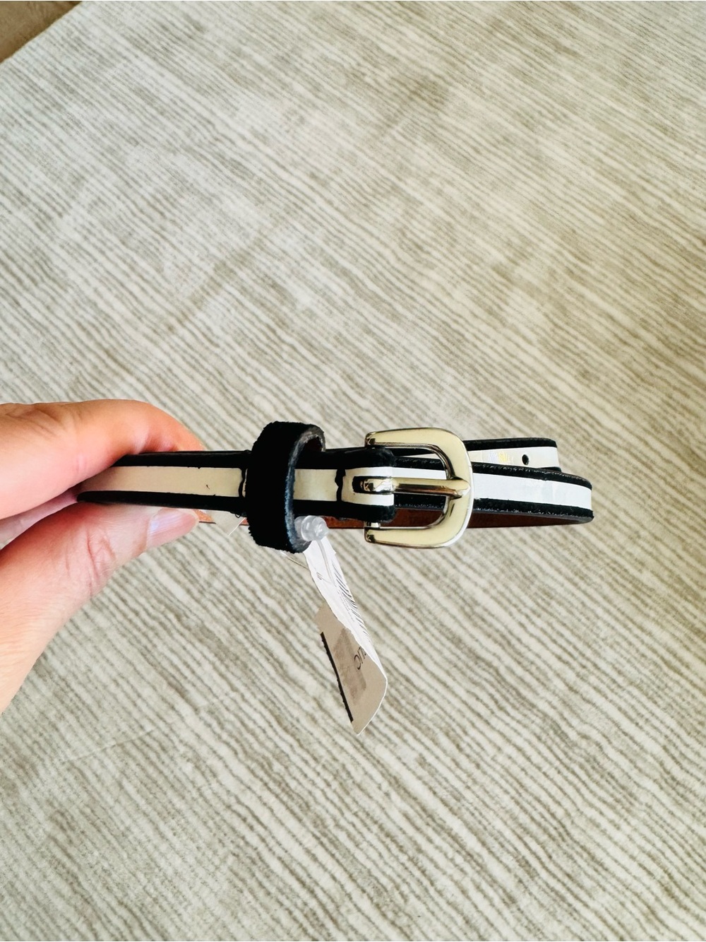 Banana Republic Two-Tone Black White Skinny Belt Silver Buckle XS NWT